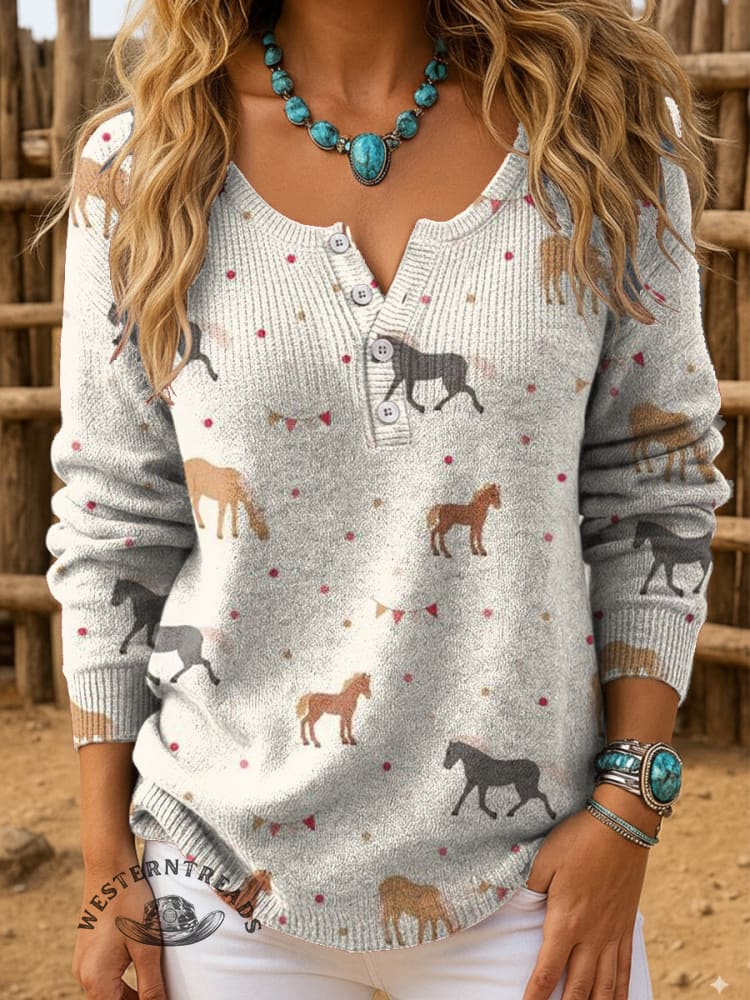 Horse Pattern Buttoned Cardigan Sweater
