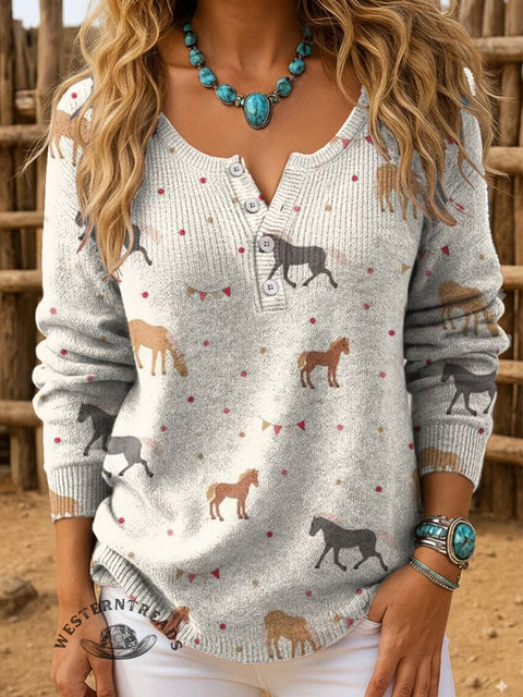 Horse Pattern Buttoned Cardigan Sweater