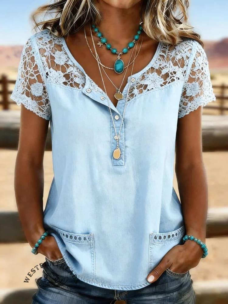 Women's Vintage Print Casual Hollow-Out Denim Shirt