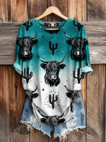 Vintage Cow Art Print Long-sleeved Round Neck Top