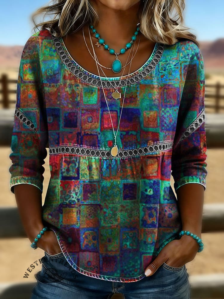Women's Vintage Print Casual Hollow Lace Denim Shirt
