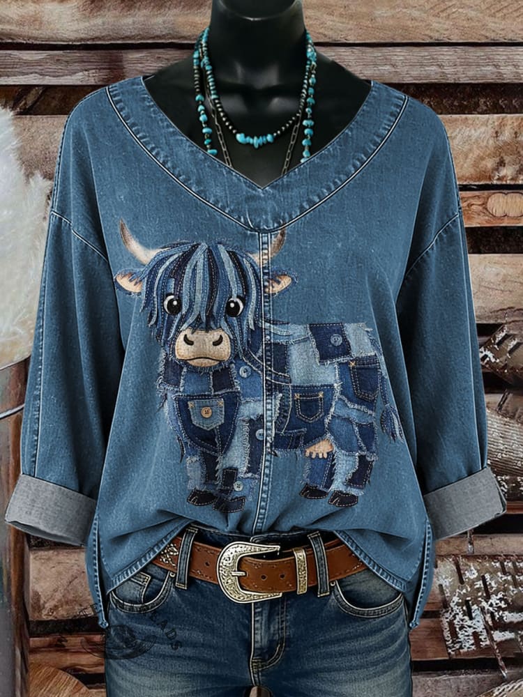 Vintage Highland Cow Casual Denim Top