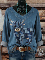 Vintage Highland Cow Casual Denim Top