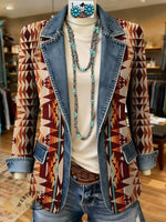 Aztec Print Patchwork Denim Sweater