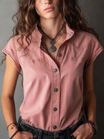 Women's Solid Color Short Sleeve Denim Shirt