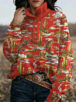 Women's Western Art Print Casual Stand Collar Button-up Sweatshirt