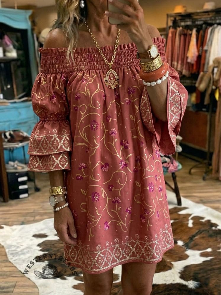 Women's Vintage Art Print Casual Off-shoulder Puff Sleeve Ruffle Dress