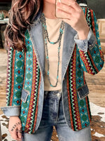 Aztec Print Patchwork Denim Sweater