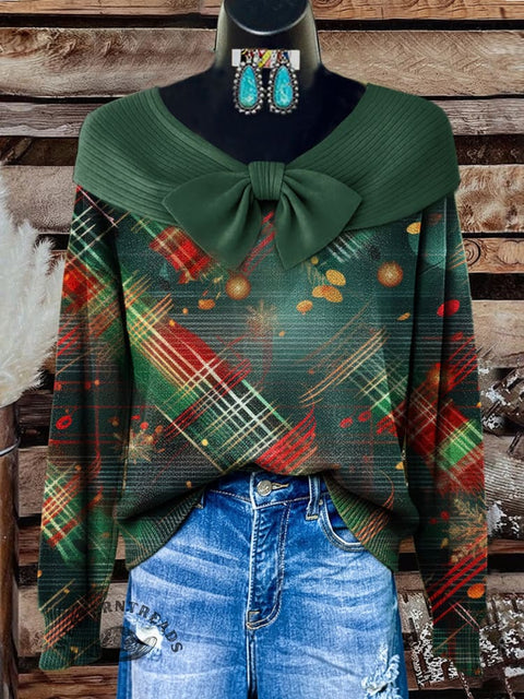 Christmas Plaid Women's Retro Floral Print Casual Sweater