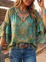 Vintage Paisley Art Print Casual Lace Up Ruffle Shirt