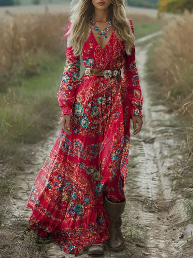 Women's Vintage Art Print Pocket Cotton Dress