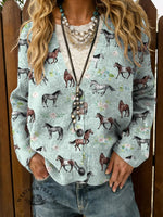 Western Horse Print Buttoned Cardigan Sweater