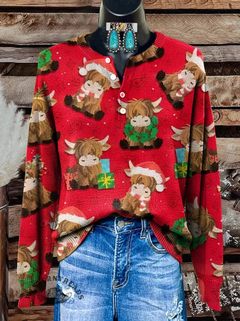 Retro Christmas Art Print Buttoned Cardigan Sweater