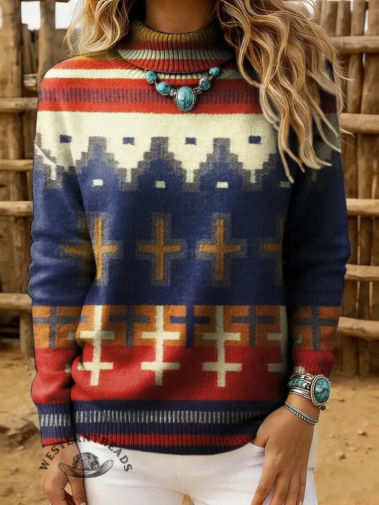 Women's Vintage Aztec Print Casual Turtleneck Sweater