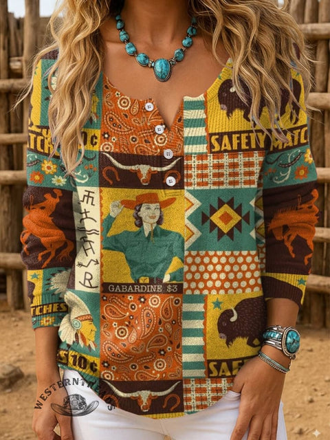 West Print Buttoned Cardigan Sweater