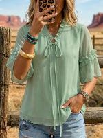 Retro Art Design Chiffon Ruffle Tie Shirt