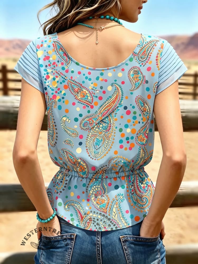 Women's Vintage V-neck Pleated Waist Patchwork Chiffon Casual Shirt