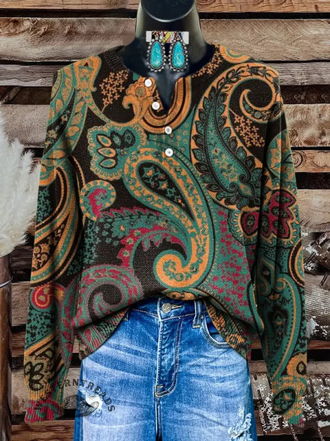 Retro Print Buttoned Cardigan Sweater