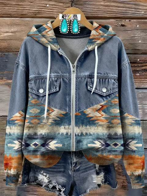 Aztec Print Patchwork Denim Zip-up Hoodie