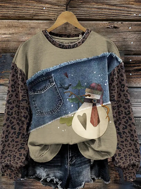 Retro Snowman Leopard Print Denim Patchwork Casual Cotton Sweatshirt