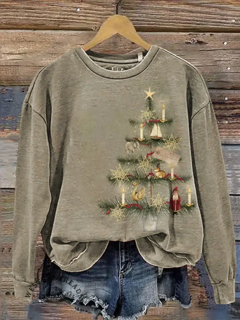 Retro Embroidered Visual Christmas Tree Casual Cotton Sweatshirt