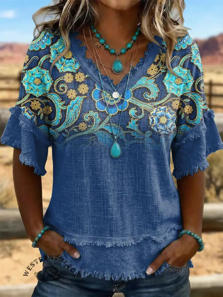 Vintage Floral Art Patchwork Cotton And Linen Shirt