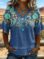 Vintage Floral Art Patchwork Cotton And Linen Shirt