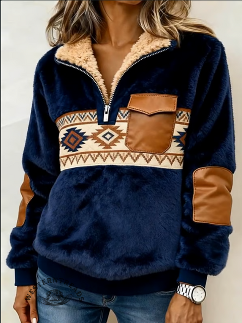 Casual Aztec Plush Half-Zip Cotton Sweatshirt