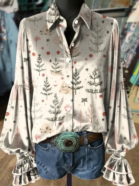 Women's Retro Christmas Print Casual Cotton Shirt