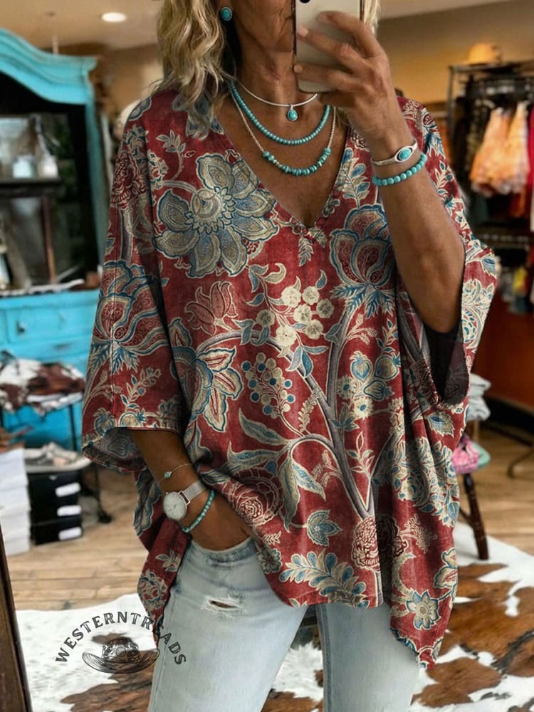 Vintage Floral Print Casual V-neck Denim Loose Shirt