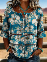 Women's Vintage Floral Print Casual Hollow-Out Denim Shirt