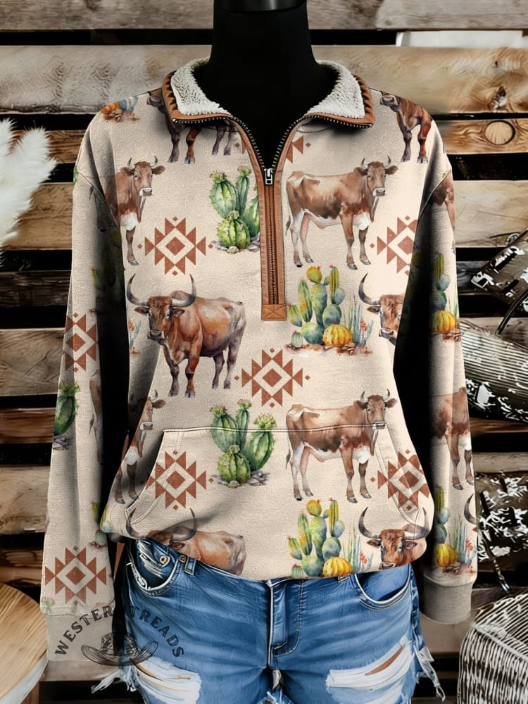 Retro Western Print Casual Half-zip Cotton Sweatshirt