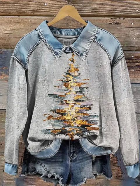 Christmas Art Print Casual Denim Patchwork Sweatshirt