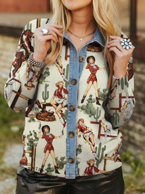 West Print Denim Patchwork Contrast Plaid Polo Collar Button Cardigan Sweater
