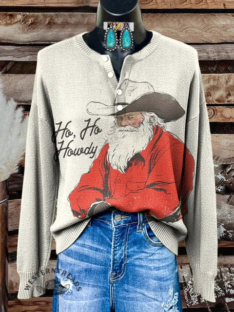 Retro Christmas Art Print Buttoned Cardigan Sweater