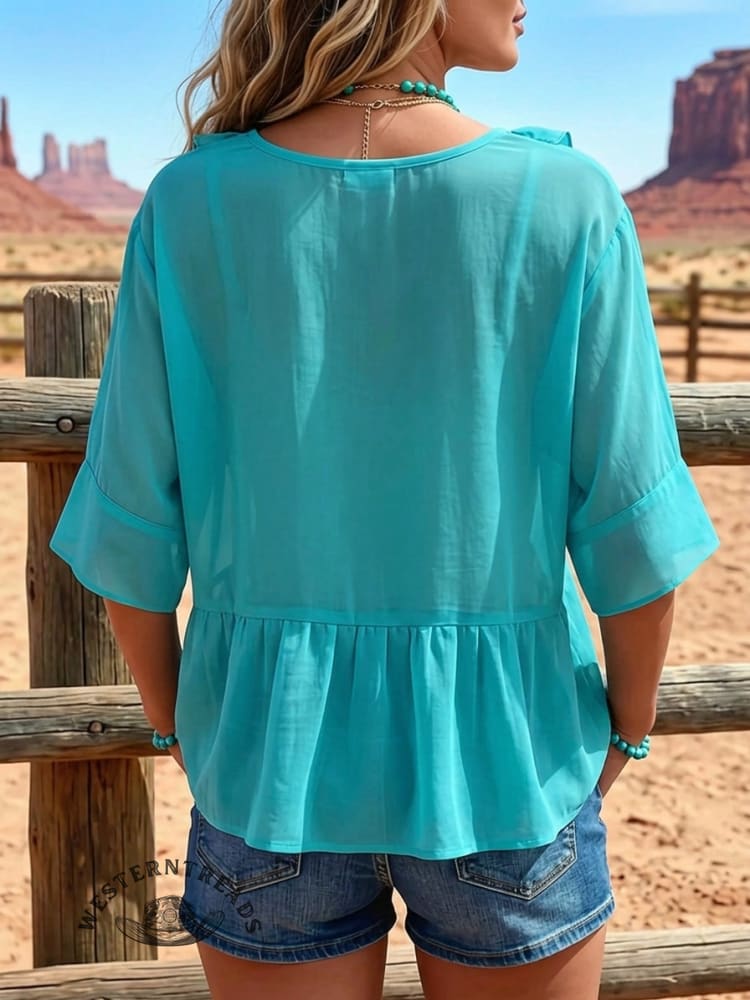 Women's Vintage V-neck Pleated Neckline Patchwork Chiffon Casual Shirt