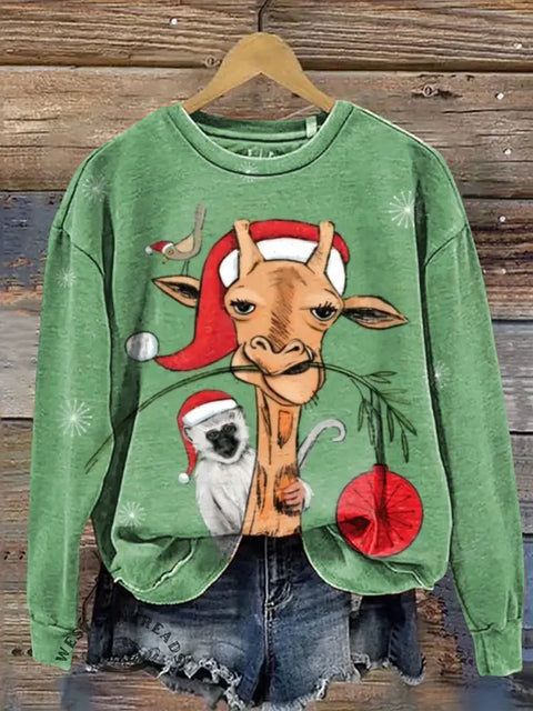 Christmas Animal Print Casual Cotton Sweatshirt