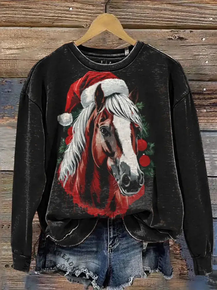 Christmas Horse Art Print Casual Cotton Sweatshirt