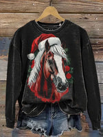 Christmas Horse Art Print Casual Cotton Sweatshirt