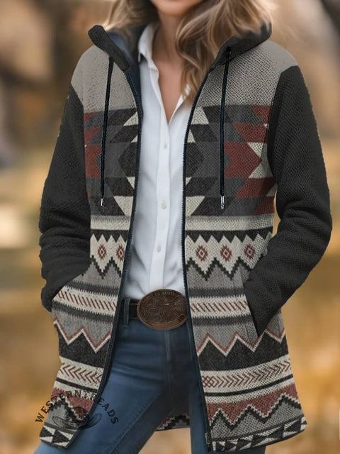 Aztec Print Unisex Plush Thick Long-sleeved Cardigan Coat