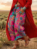 Women's Vintage Paisley Print Casual Denim Wide Leg Pants