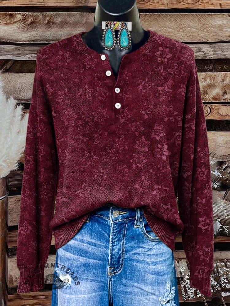 Floral Art Print Buttoned Cardigan Sweater