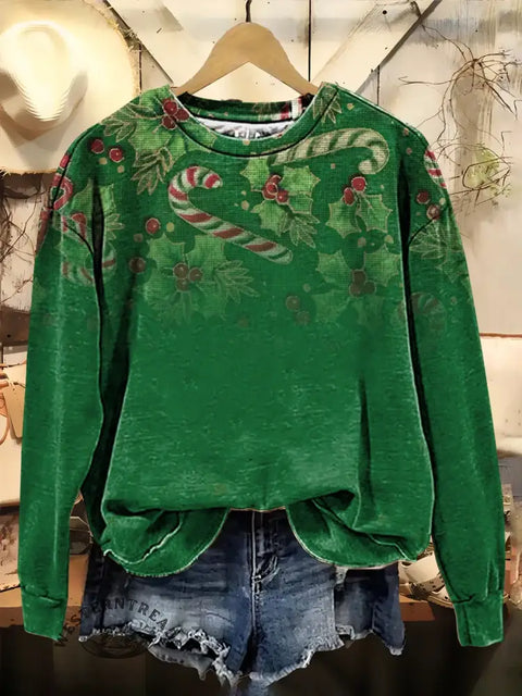 Retro Christmas Floral Print Casual Cotton Sweatshirt