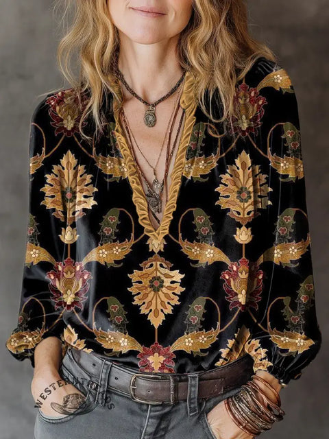 Women's retro flower Print Casual Cotton Shirt