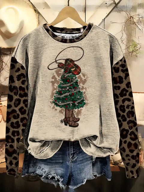 Cowboy Christmas Tree Print Casual Cotton Sweatshirt