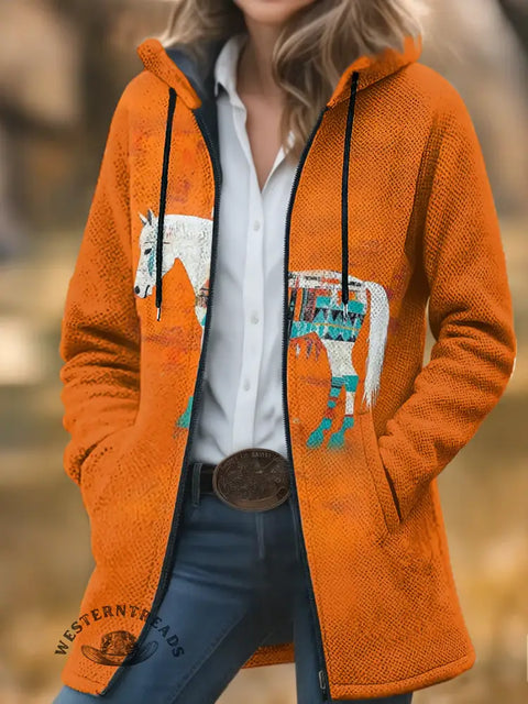 Retro Horse Unisex Plush Thick Long-sleeved Cardigan Coat