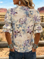 Women's Floral Art Print Puff Sleeve Casual Shirt