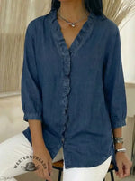 Women's Casual Denim V-Neck Ruffled Shirt