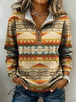 Vintage Aztec Art Print Casual Half Zip Cotton Sweatshirt