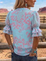 Vintage Art Print Comfortable Summer Fabrics Puff Sleeve Casual Shirt